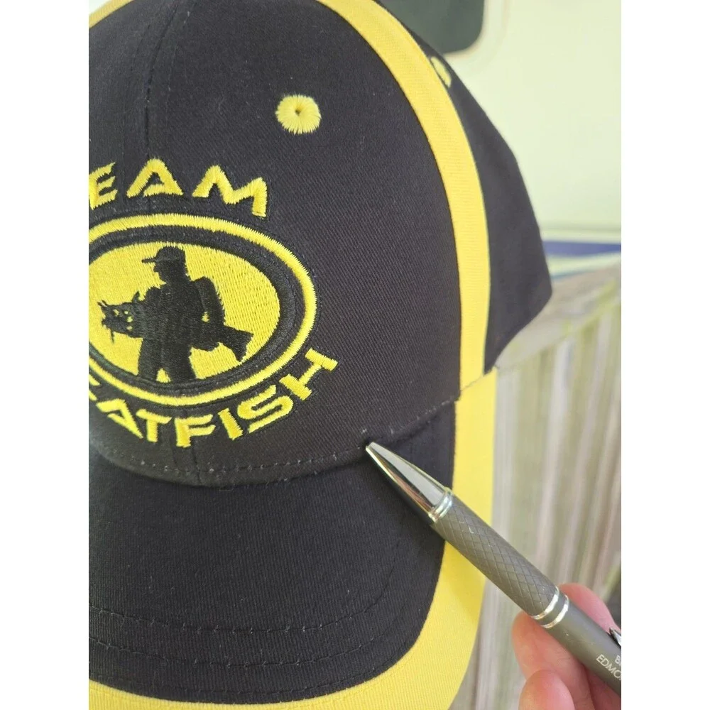 Vintage Team Catfish Fishing Hat Cap Black Yellow Adjustable Back